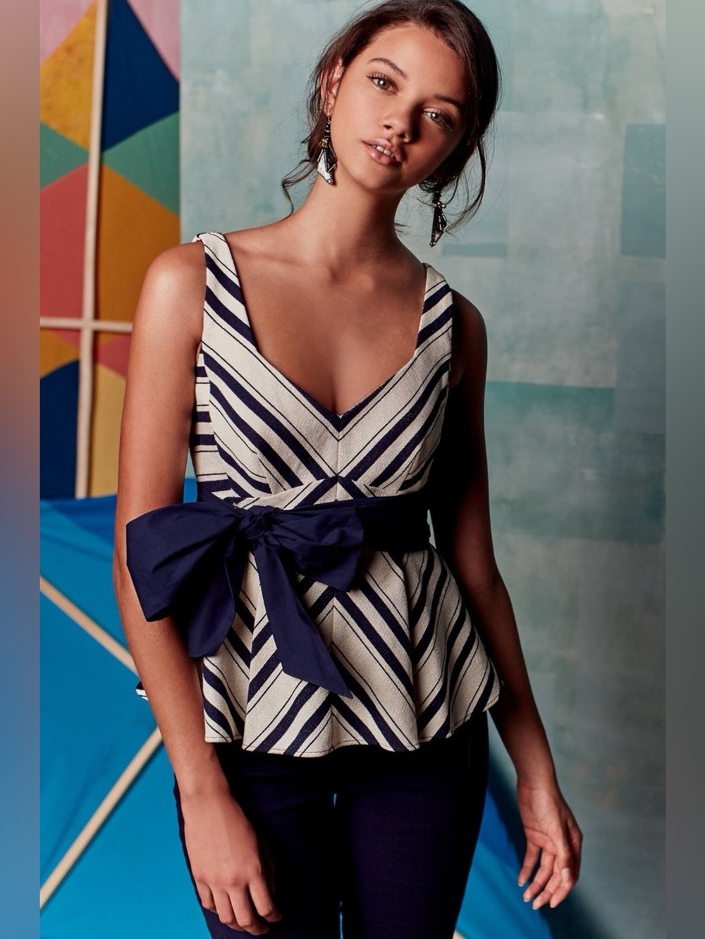 Anthropologie Maeve Blue‎ & Cream Striped Mitered Peplum Top with Bow Sz. 2P